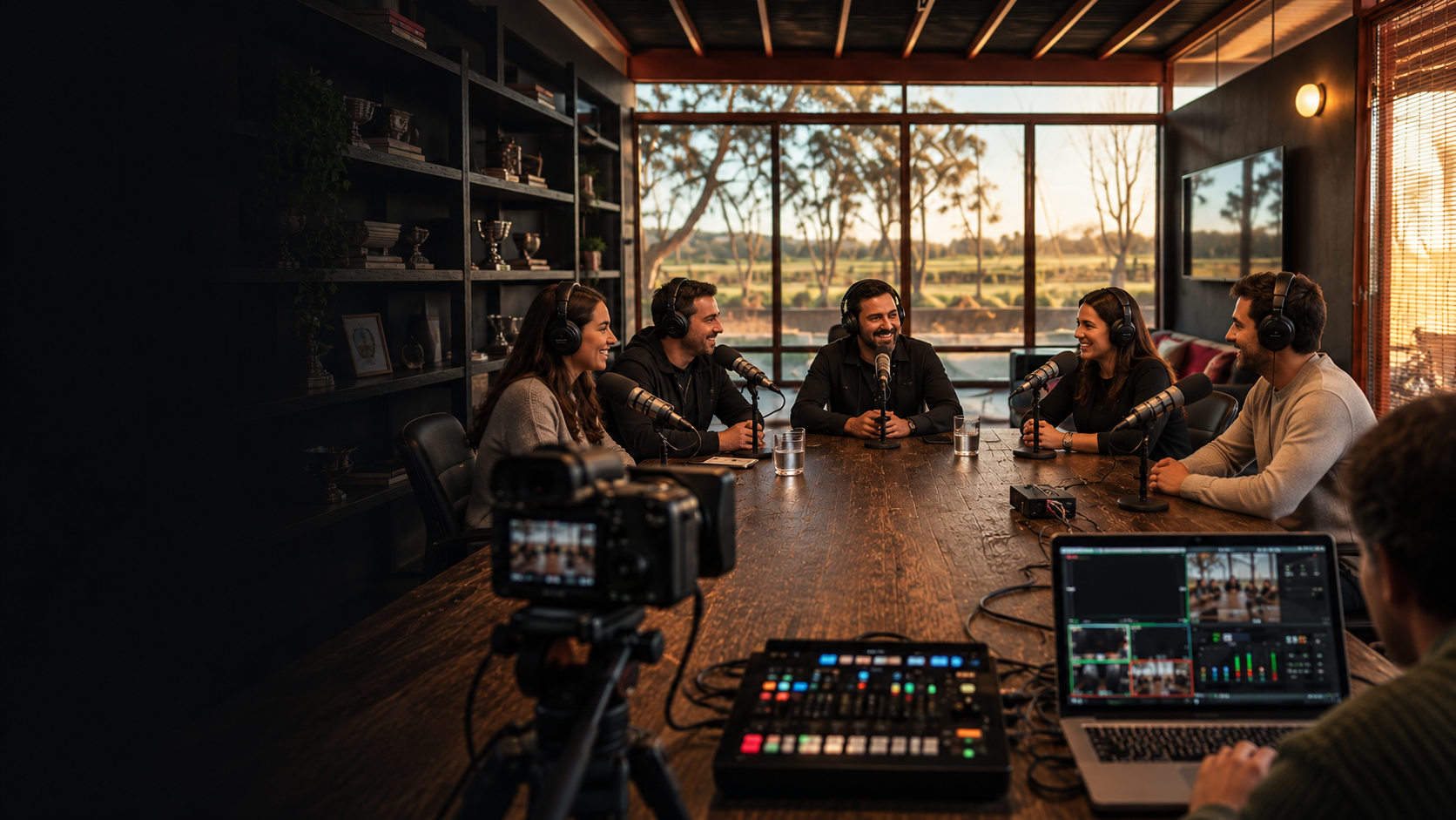 Estudio Nómada en San Isidro con personas participando en un podcast